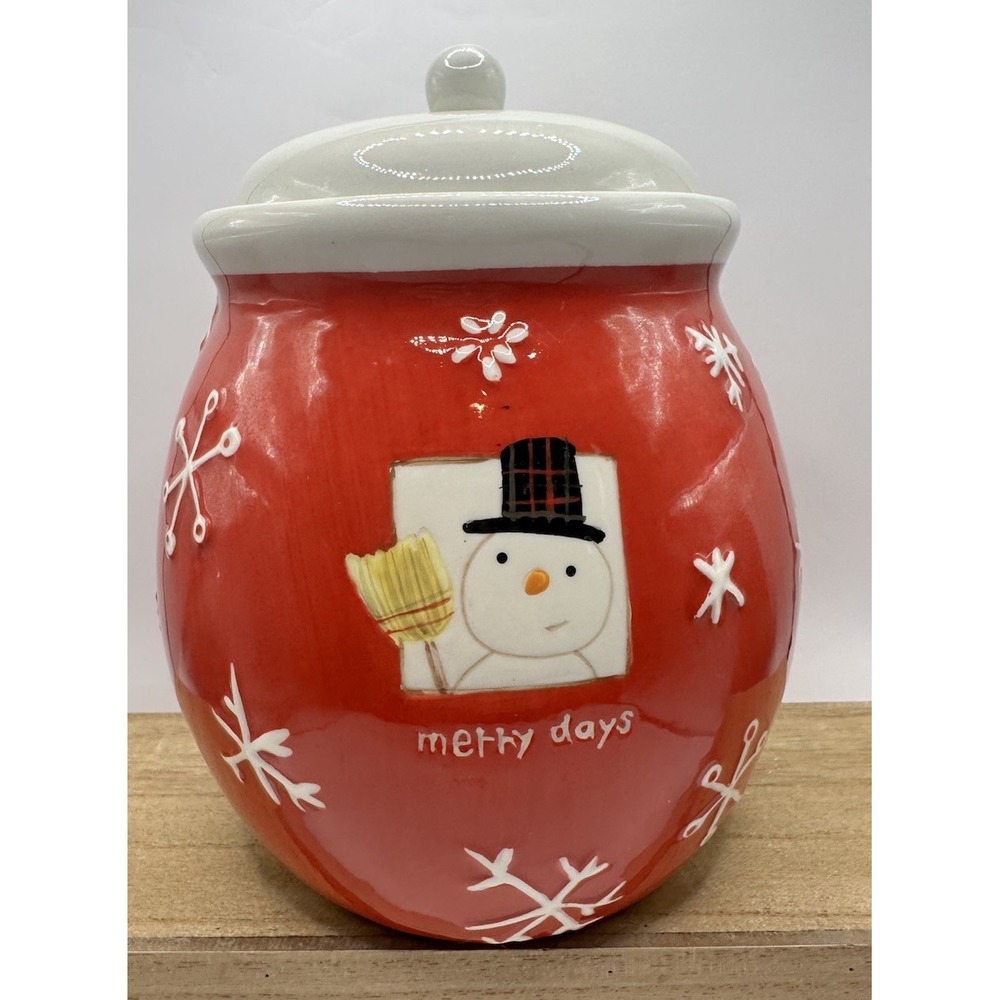 Hallmark Merry Days Red Ceramic Cookie Jar & Lid Snowman & Snowflakes 7.5"